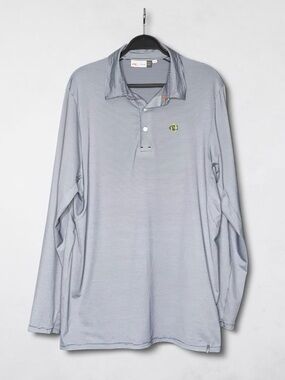 KJUS Men’s XL Long Sleeve Golf Polo Navy Gray Pinstripe UPF 50+ Stretch EUC!